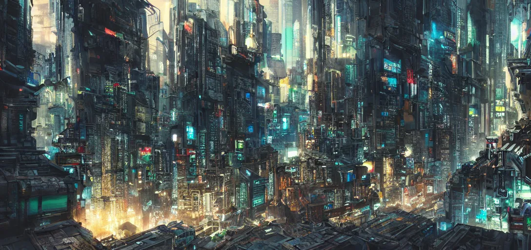 Image similar to upcycled city landscape, cyberpunk, cinematic shot, hyper realistic, hyper detailed