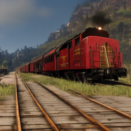 Image similar to A train in red dead redemption 2, screenshot, high quality image, widescreen, in-game engine, 8k, octane render