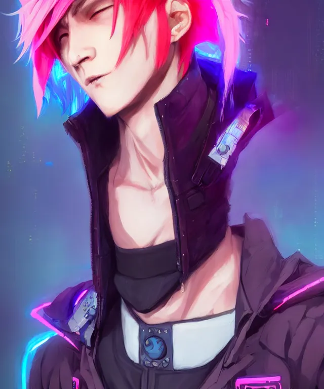 Image similar to character concept art of a cute cyberpunk boy with colorful hair and wolf ears wearing tight clothing | | cute - fine - face, pretty face, key visual, realistic shaded perfect face, fine details by stanley artgerm lau, wlop, rossdraws, james jean, andrei riabovitchev, marc simonetti, and sakimichan, trending on artstation