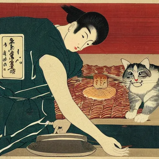 Prompt: angry handsome japanese butcher slices up parsley with a tabby cat sitting next to him, vintage, painting by utamaro