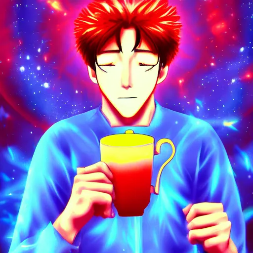 Prompt: A man drinking a cup of cosmic energy bright light by Masafumi Harada, 4k, digital art, surreal, anime style, Park Sung-woo Red Ice style