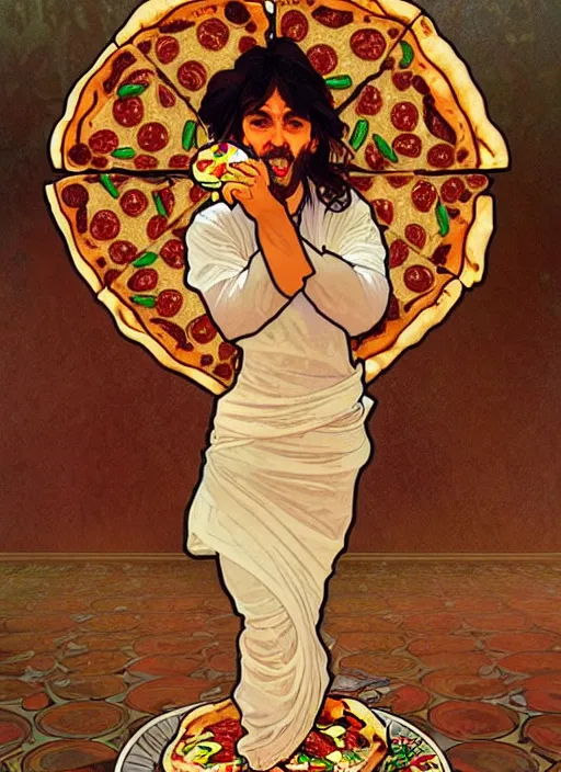 Image similar to unlucky man trips and looks in terror as he drops all the pizza on the floor, the pizza falls to the floor, tragedy, intricate, elegant, highly detailed, lighting, painting, artstation, smooth, illustration, art by greg rutowski and alphonse mucha
