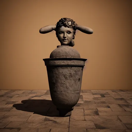 Prompt: A realistic render of ancient Greek amphora with image of Rosie the Riveter, brown on black color, Classical Ancient Greek art, soft lighting, ultra detailed textures, realistic octane render, close-up, soft lighting, 8k