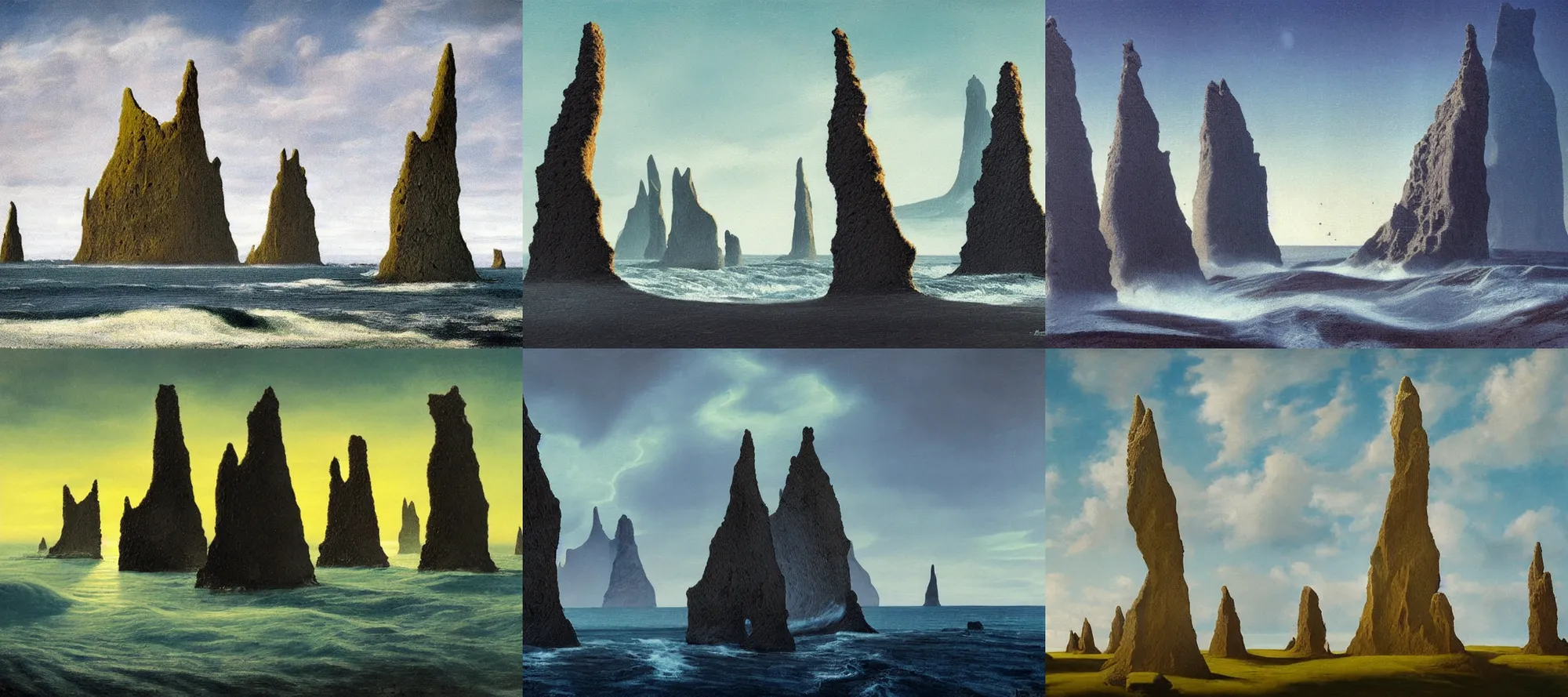 Prompt: reynisfjara landscape in the style of dr. seuss, starships, painting by raphael lacoste