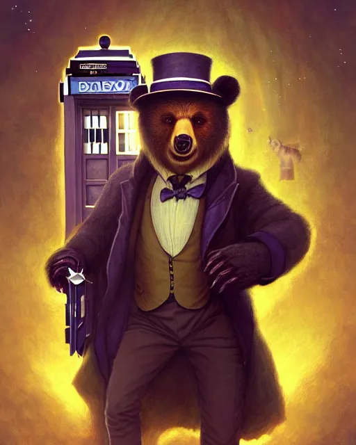 Image similar to anthropomorphic art of a detective bear in tardis, victorian inspired clothing by artgerm, victo ngai, ryohei hase, artstation. fractal papersand books. highly detailed digital painting, smooth, global illumination, fantasy art by greg rutkowsky, karl spitzweg