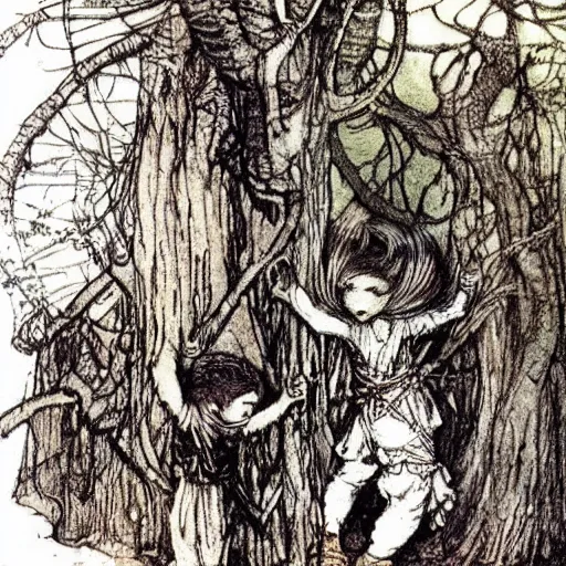 Image similar to the mother was great. she made even the giants look small. the giants were great. thou art tiny, like a little doll. arthur rackham illustration, extremely high quality