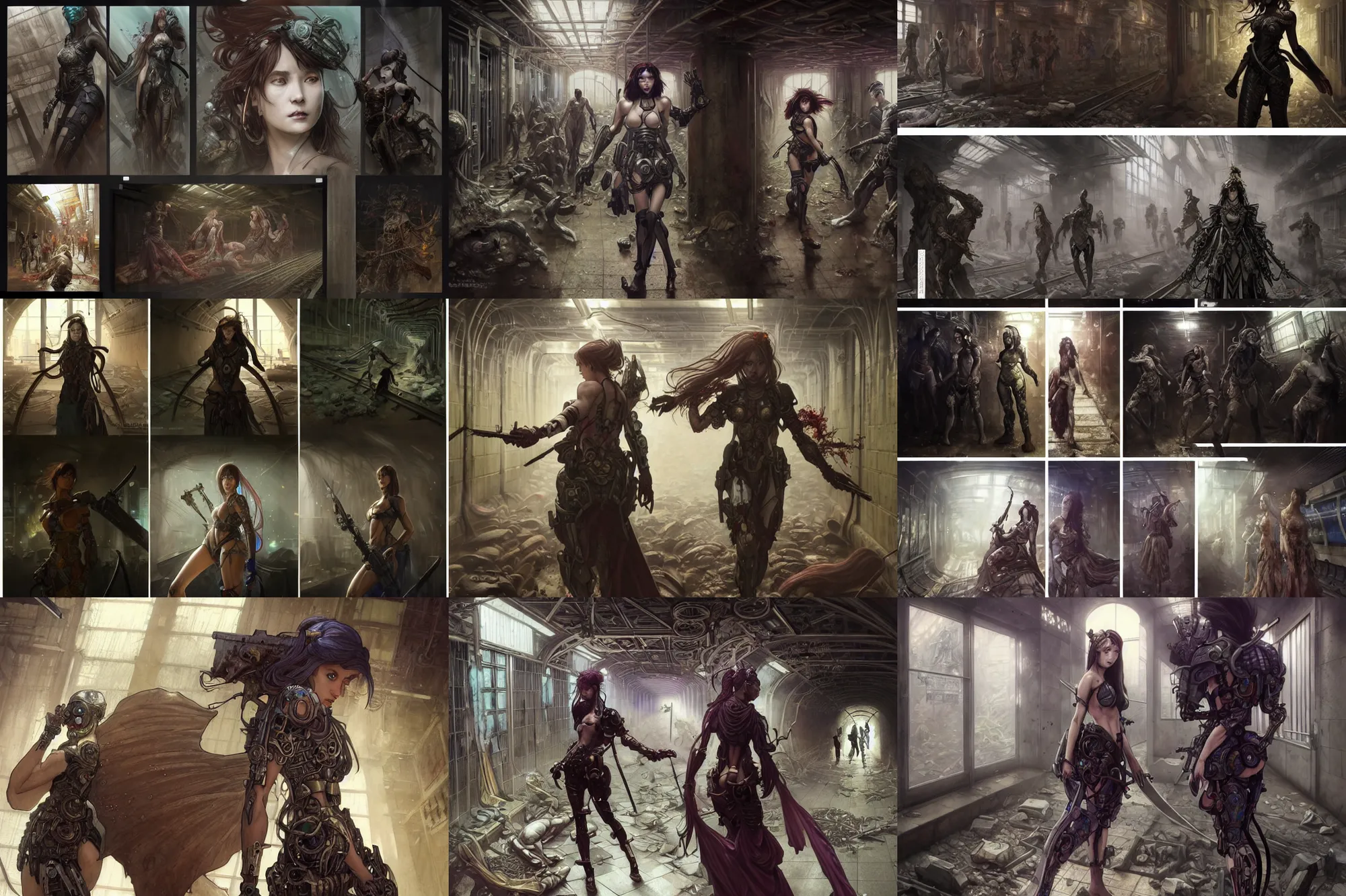 Prompt: Ultra realistic illustration, incredible comic panels showing an incredibly beautiful and alluring, beautiful cyborg warrior priestess battling zombies in an abandoned Tokyo subway station, D&D, fantasy, intricate, elegant, highly detailed, digital painting, artstation, concept art, smooth, sharp focus, illustration, art by artgerm and greg rutkowski and alphonse mucha, set in post apocalyptic Tokyo, overgrown plants, dapped light, large draped cloth, tissue ornament, dark fantasy, feminine figure, smooth skin, gorgeous, pretty face, beautiful fashion model body, high detail, hyper realistic, digital illustration, trending on artstation