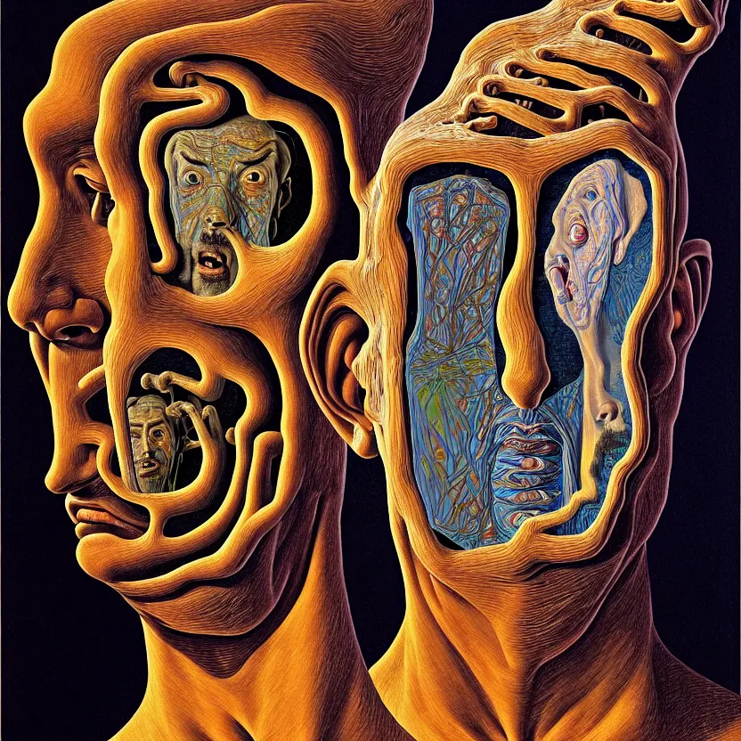 Prompt: a face coming out of a face coming out of a man's head, recursion, fractals, surreal, by salvador dali and mc escher and max ernst, oil on canvas, weird, dreams, fantasy, intricate details, soft lighting, warm colors