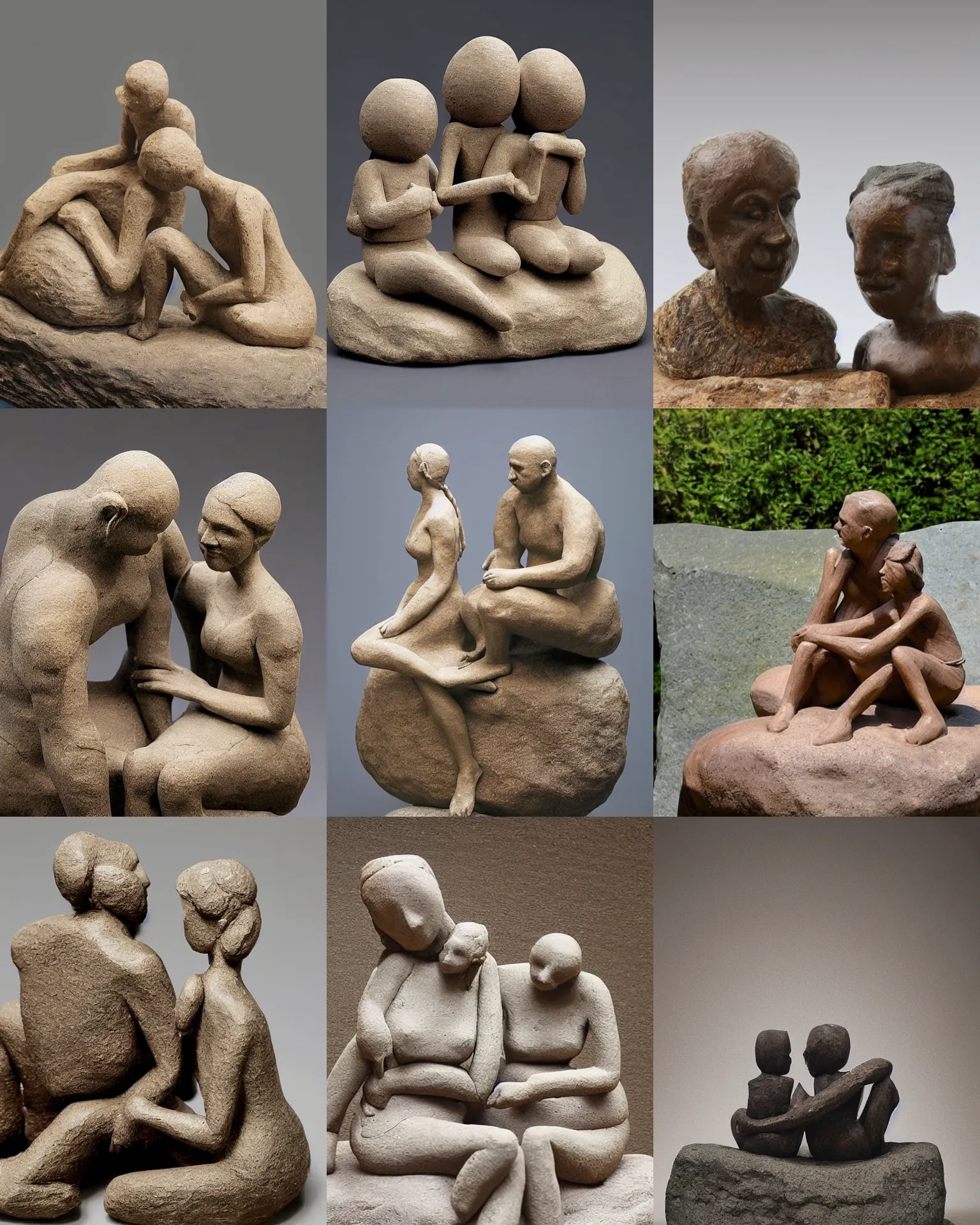 Prompt: sculpture of a couple sitting down on a rock, looking at their future, wood or clay, abstract, beautiful!!!! museum photo