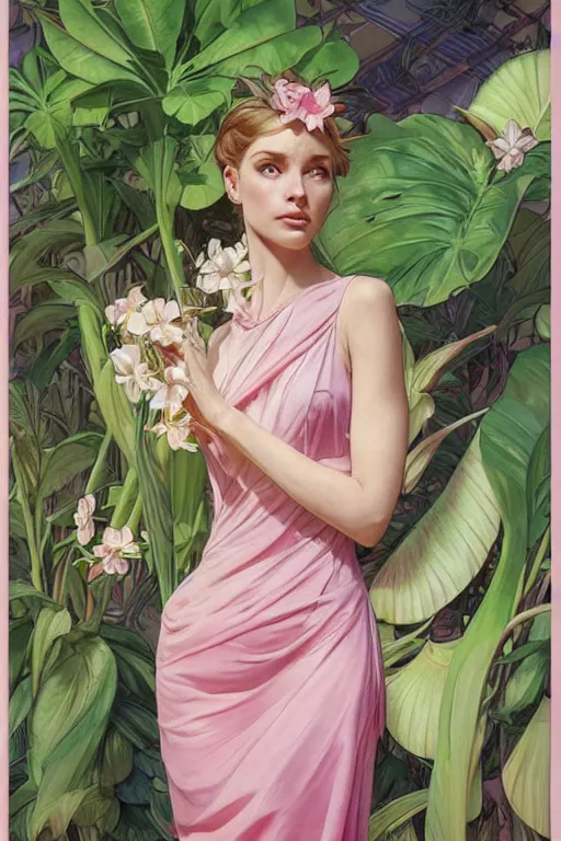 Image similar to ultra realistic illustration, transparant dress, banana plants drawing, pink background, elegant, highly detailed, digital painting, concept art, smooth, sharp focus, illustration, art by artgerm and greg rutkowski and alphonse mucha