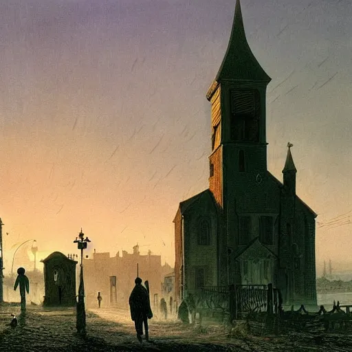 Image similar to zombies, innsmouth, fishing town, church, night, dramatic light, lovecraft, painted by caspar david friedrich