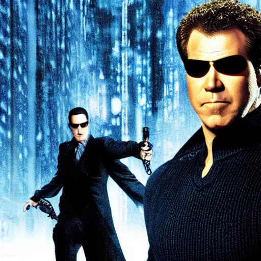 Prompt: will ferrell stars in the matrix : reloaded, directed by the wachowskis, promotional image