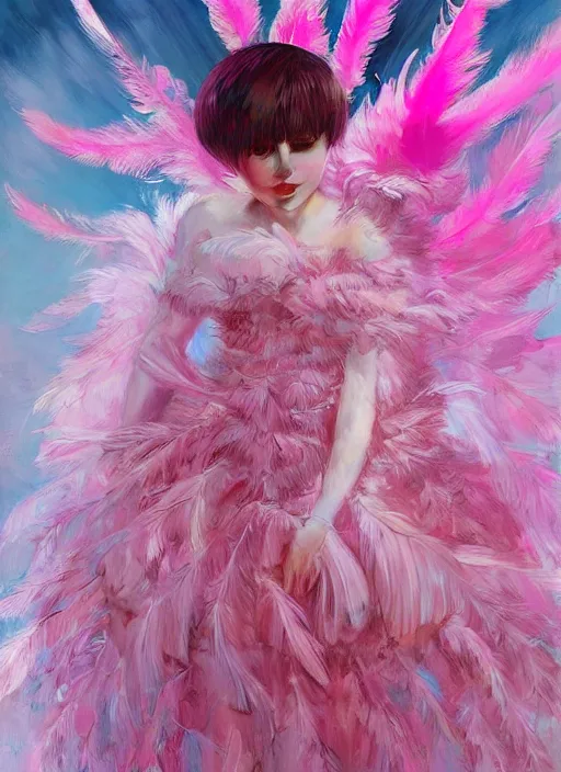 Image similar to beautiful little girl with an pink eccentric haircut wearing an dress made of feathers dancing on stage, artwork made by ilya kuvshinov, inspired in donato giancola, hd, ultra realistic, reflection, flowers, light stage