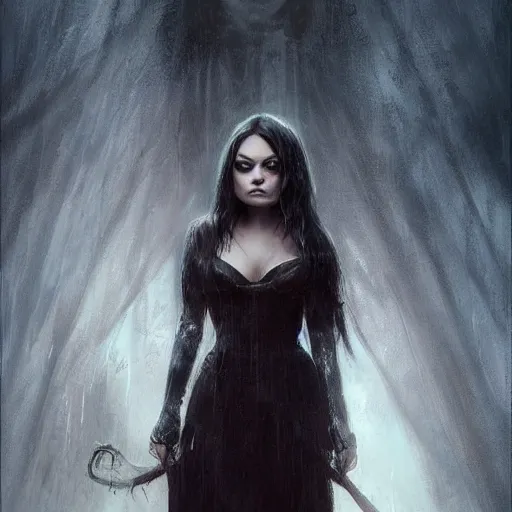 Image similar to portrait of a young mila kunis in a gothic dress, eerie colors, dramatic light, gorgeous view, depth, high detail, digital art, painted by greg rutkowski and seb mckinnon, by tim burton, trending on artstation