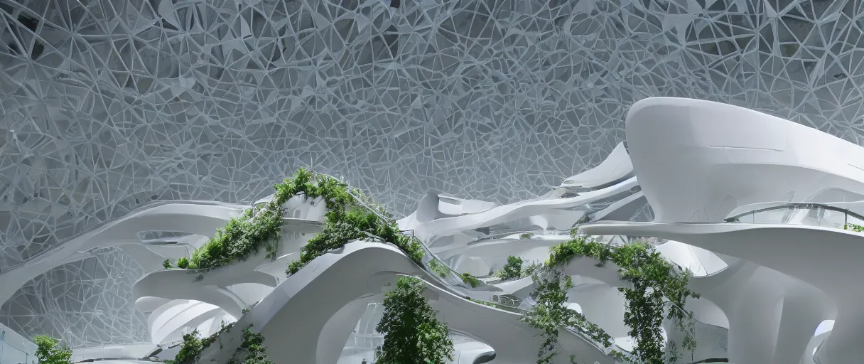 Image similar to movie still 4 k uhd 3 5 mm film color photograph of a clean white futuristic architecture minimal biology lab full of plants, foster + partners, zaha hadid