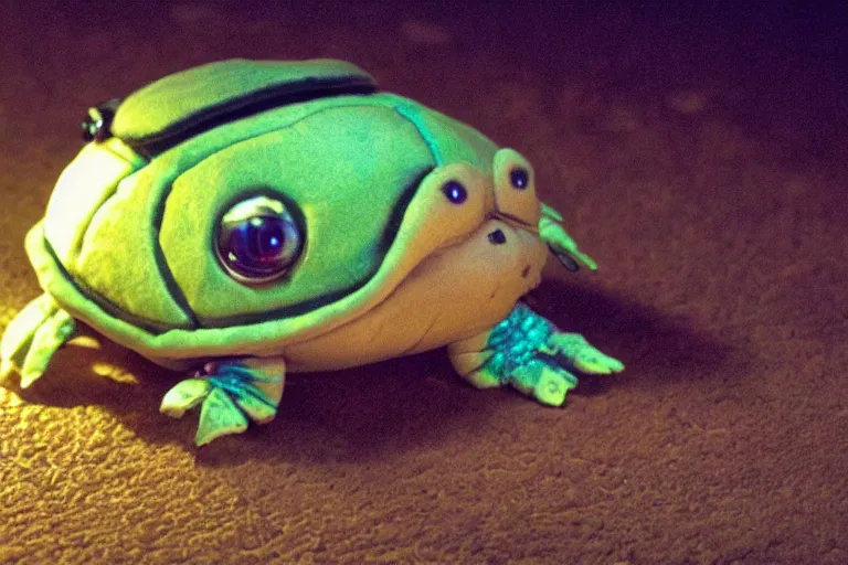 Image similar to cyborg stuffed turtle plushie in cyberspace, in 2 0 5 5, y 2 k cybercore, industrial low - light photography, still from a ridley scott movie