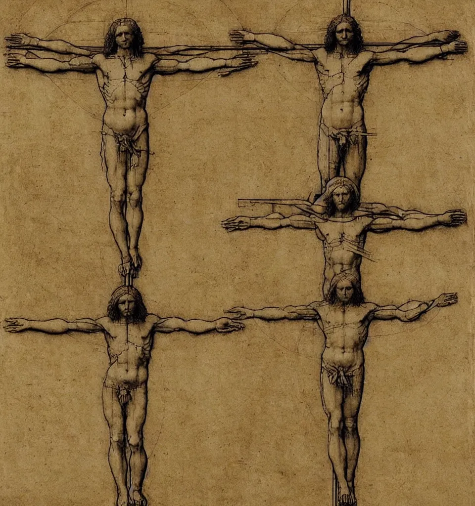 Prompt: Leonardo da Vinci's Vitruvian Man crucified on a cross, full body, centered