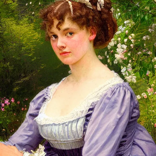 Prompt: A high detailed photorealistic portrait painting of a 1800s Victorian beautiful woman sitting in a lush English garden in the style of Thomas Kinkade and Norman Rockwell