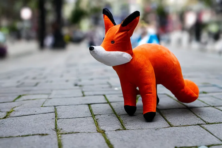 Image similar to A fabric stuffed animal toy fox plushie wagging its tail rapidly while sitting on the sidewalk, dynamic, motion blur, 1/4 shutter speed, award winning photography