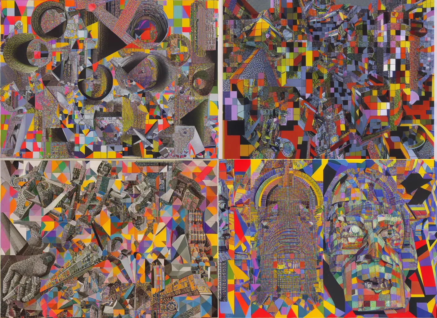 Prompt: [relics/shards/fractals] of time, colorful, by [Eduardo Paolozzi/M.C. Escher]