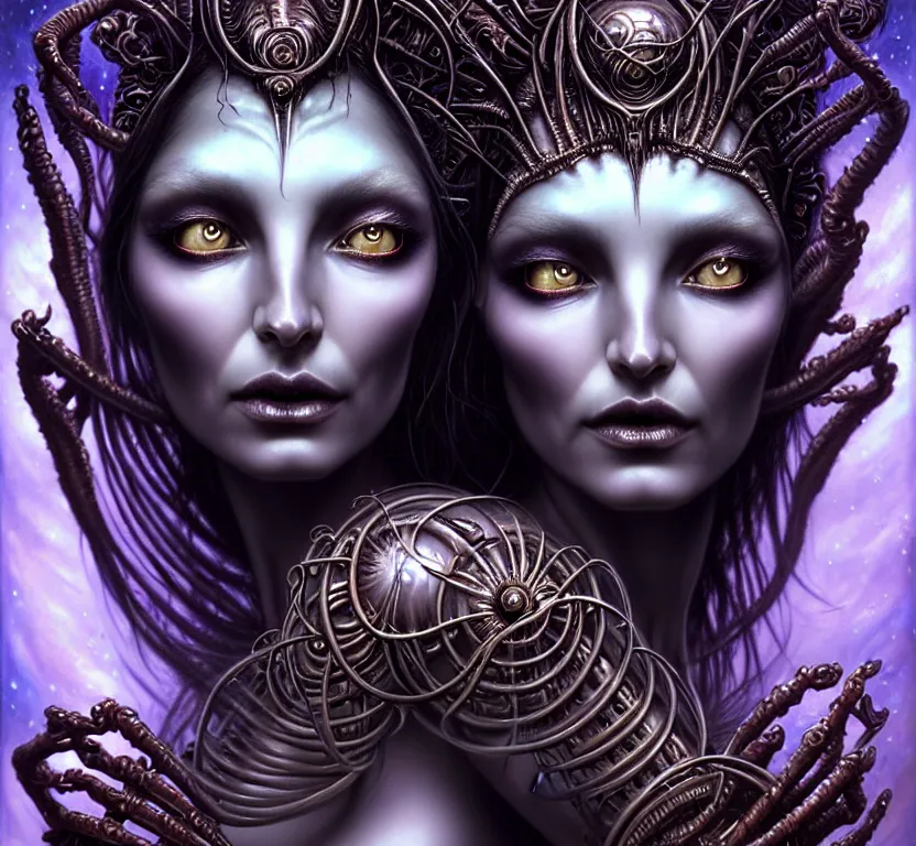 Image similar to A beautiful detailed alien goddess woman with 6 arms super dark tarot card, gorgeous model face by Stanley Artgerm, by tomasz alen kopera and Justin Gerard, 4 eyes, beautiful symmetrical features, ominous, magical realism, melting, texture, intricate, ornate, royally decorated, melting, whirling smoke, embers, purple adornments, blue torn fabric, radiant colors, fantasy, trending on artstation, volumetric lighting, micro details, 3d sculpture, ray tracing, 8k, anaglyph effect