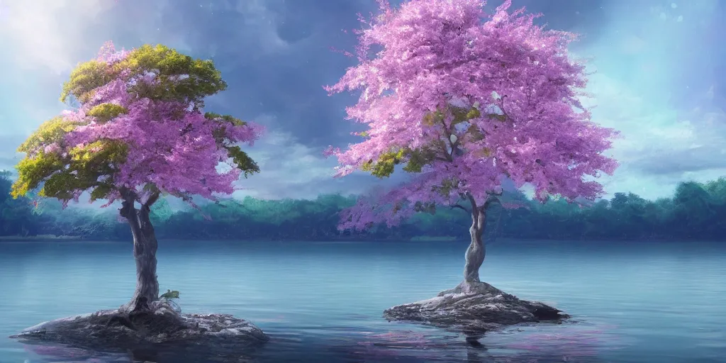 Image similar to a single sakura tree growing upon an island in a lake, illustration, light beams, digital art, oil painting, fantasy, 8 k, trending on artstation, detailed