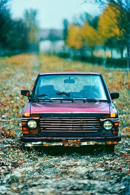 Image similar to a lomographic photo of old lada 2 1 0 7 standing in typical soviet yard in small town, autumn, cinestill, bokeh