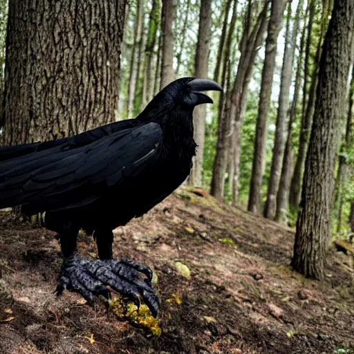 Image similar to humanoid crow, werecreature, photograph captured in a forest