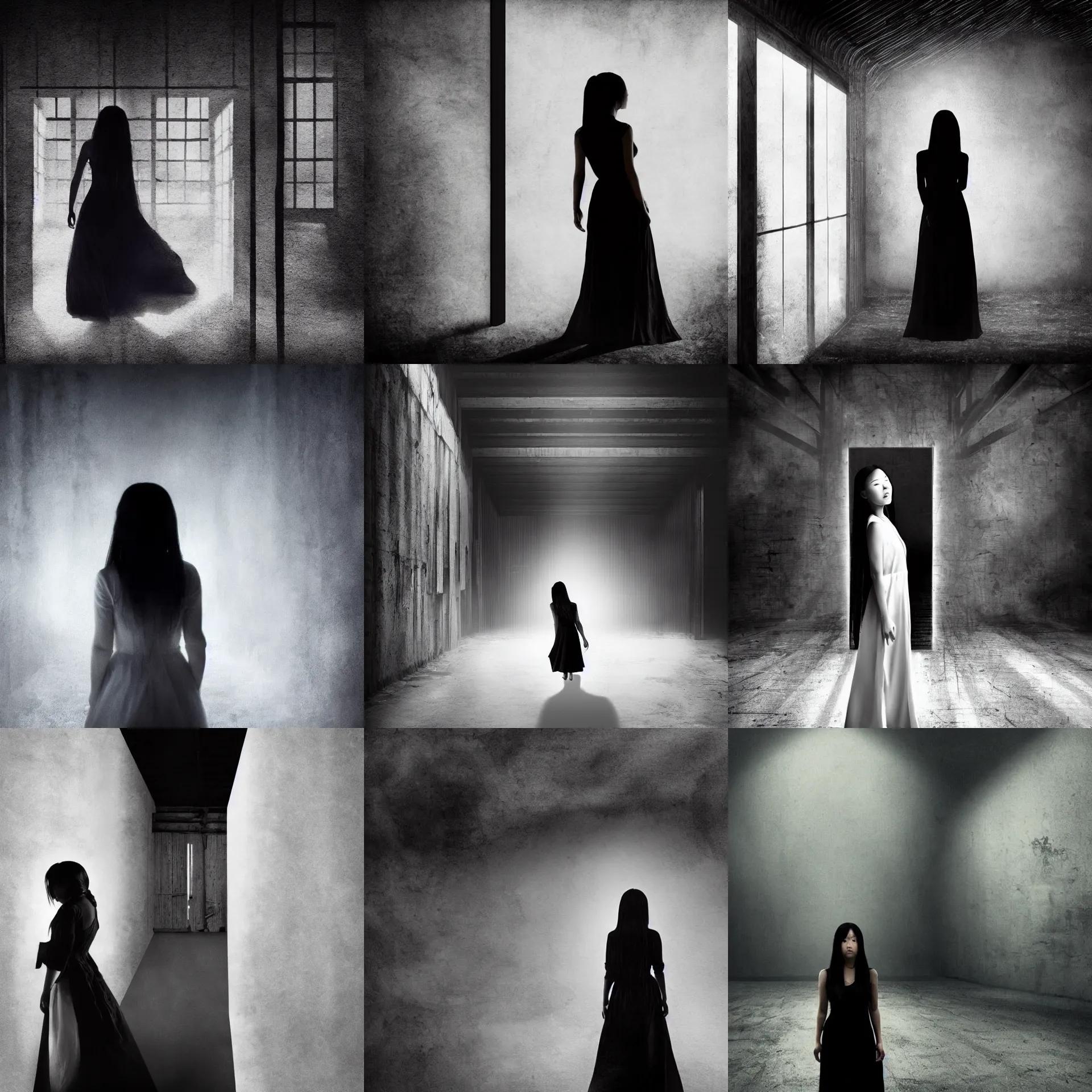 Prompt: james wan. composition : full shot. style : digital art ; concept ; mysterious ; 4 k. scenery : the inside of a modern barn. subject : a young woman with long black hair wearing a white dress. action : the woman is hiding in the shadows, menacingly.