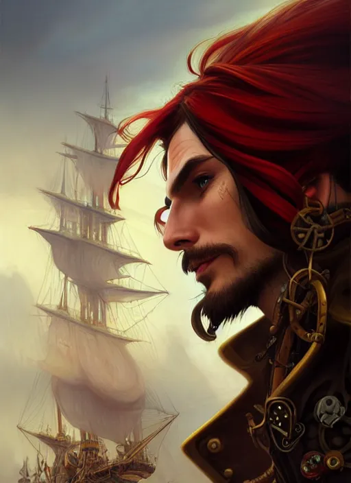 Image similar to male airship pirate, D&D, handsome, side profile, fantasy, intricate, long hair, leather coat, airship, steampunk, red hair, elegant, highly detailed, digital painting, artstation, concept art, smooth, sharp focus, illustration, art by artgerm and greg rutkowski and alphonse mucha