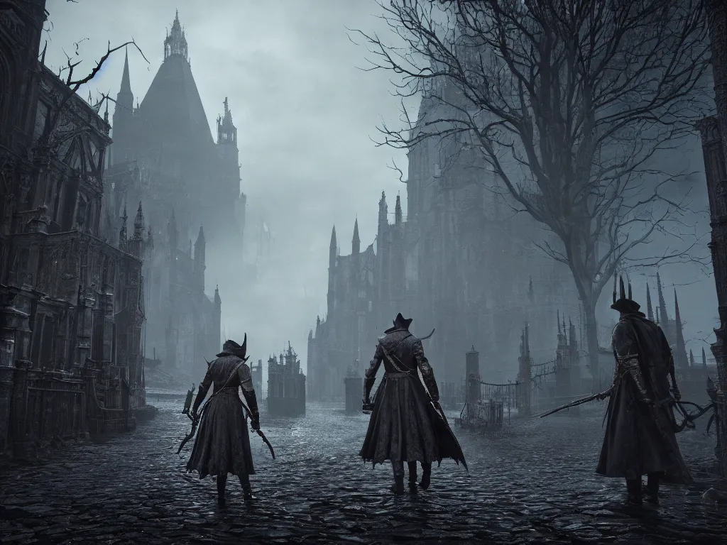 Image similar to bloodborne 2, dark, nighttime, victorian england style, horror, grotesque, serene, haunting, heavy atmosphere, claustrophobic, insanity, High Definition detail, 8K