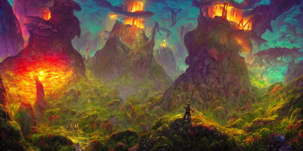 Image similar to bright, colorful, realistic, detailed from Elder Scrolls: shivering isles concept mania mushroom coast and mountian realm of madness portrait backlighting, kodachrome, high contrast, highly detailed, sharp focus, digital painting, concept art, illustration, trending on artstation, comic book by Alex Ross and Adam Adamowicz cover art