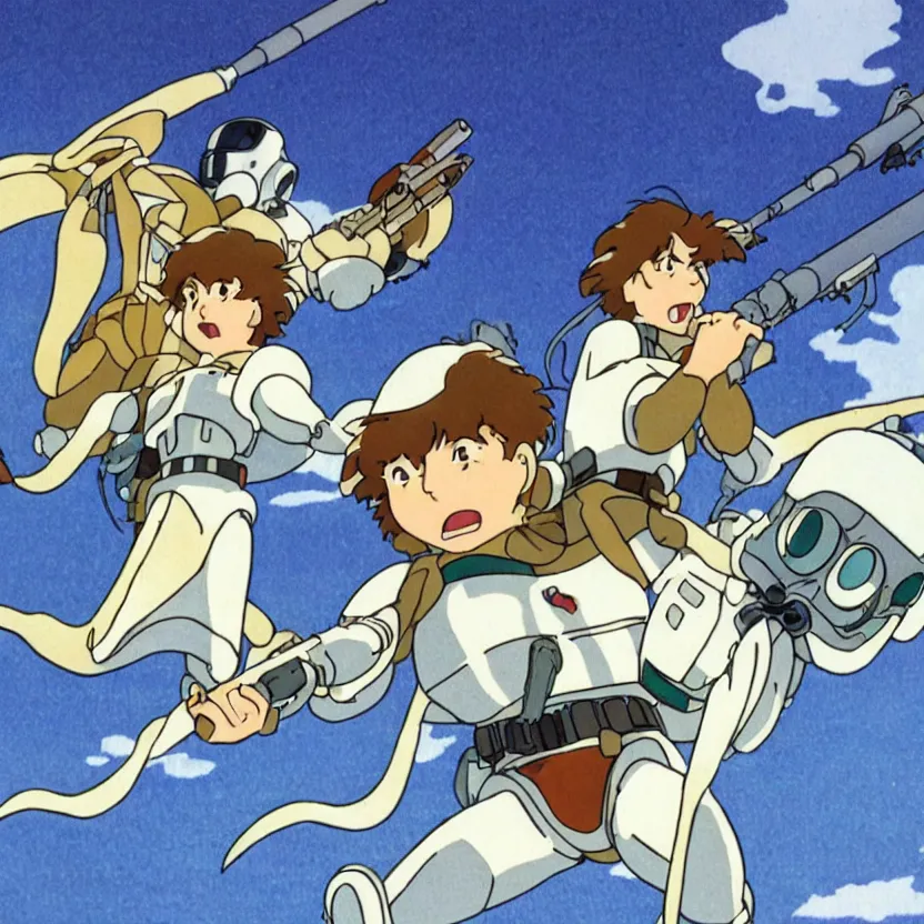 Prompt: 1 9 9 0 studio ghibli animation cel still from nausicaa of the valley of the wind of a storm trooper firing their blaster