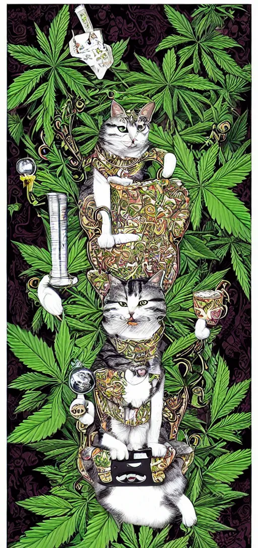 Image similar to ”happy smiling cat holding a marifuana joint while sitting high on a sofa, marijuana leaves swirling in the background, [ultra detailed, contrast, ornate and intricate, art by joe fenton]”