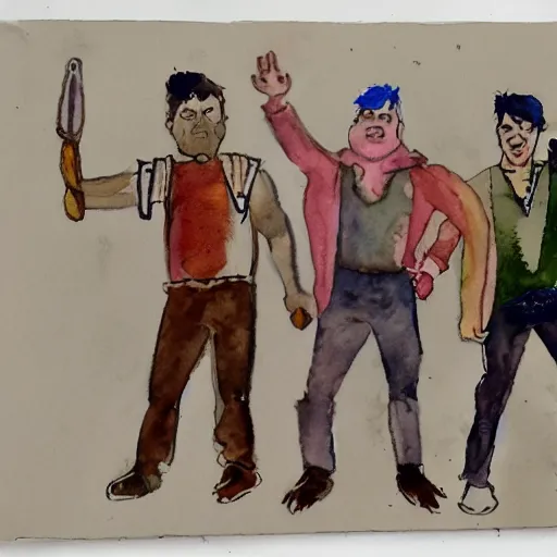 Prompt: watercolor painting of four men as an adventure party. they stand in dynamic pose as a team. visible brushstrokes. 8 k. expressive. dynamic lighting. realistic.