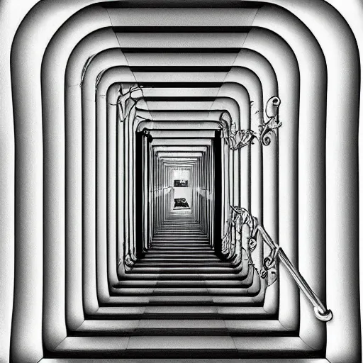 Image similar to “a disorienting white hallway and stairwell with many doors, confusing, creepy, eerie, doors, stairs, dimensions, MC Escher architecture, anime style, detailed background”