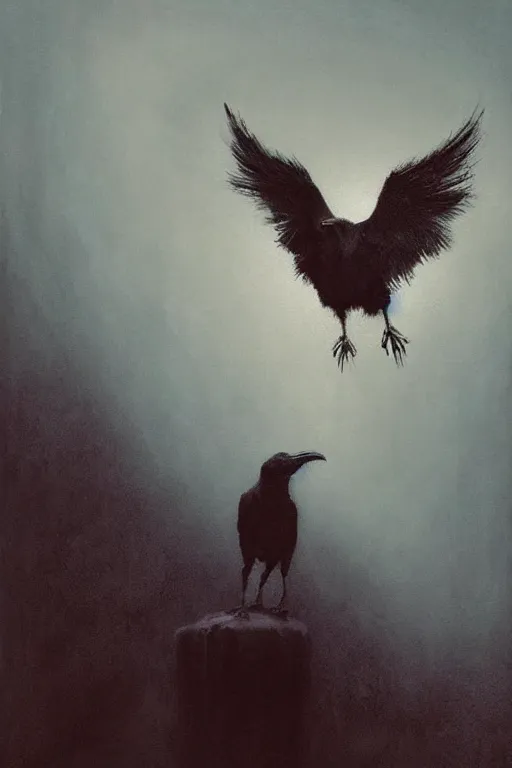 Prompt: painting of cross between a raven and a cow, intercrossed animal, by zdzislaw beksinski, by tiffany bozic, cold hue's, warm tone gradient background, concept art, beautiful composition, digital painting,