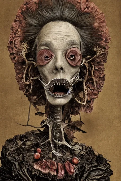 Image similar to Detailed maximalist portrait of a beautiful old woman with large lips and eyes, scared expression, botanical skeletal with extra flesh, HD mixed media, 3D collage, highly detailed and intricate, surreal illustration in the style of Caravaggio, dark art, baroque