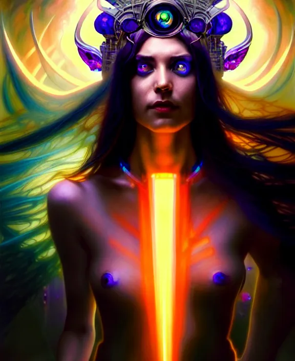 Image similar to a whirlwind of souls rushing inside the metaverse, half body, glowin eyes, tiara with sapphire, pharaoh, android, cyberpunk, d & d, fantasy, intricate, elegant, highly detailed, colorful, vivid color, digital painting, artstation, concept art, art by artgerm and greg rutkowski and alphonse mucha and ruan jia