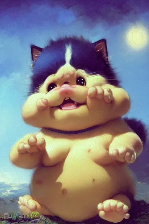 Image similar to a very cute kawai little fat baby cat smiling and proud from dr slump, beautiful painting by louis remy mignot, greg rutkowski, ilya repin, nice lighting, smooth tiny details, soft and clear shadows, low contrast, perfect