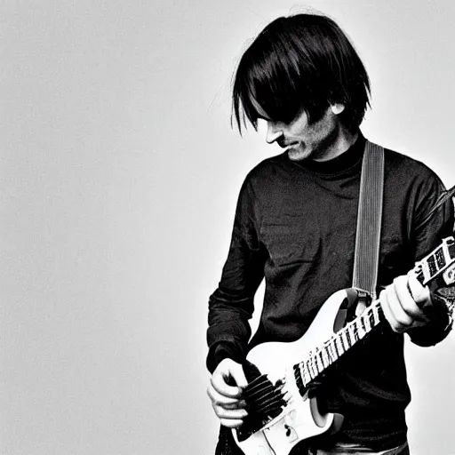 Image similar to Jonny Greenwood playing a guitar in a black and white photo, a black and white photo by Blythe, featured on tumblr, toyism, groovy, psychedelic, ilya kuvshinov