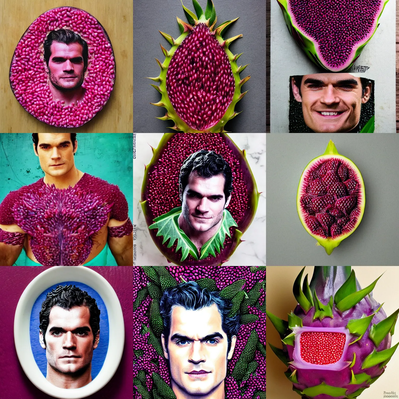 Prompt: dragonfruit portrait of henry cavill, made of dragonfruit seeds, inside a dragonfruit