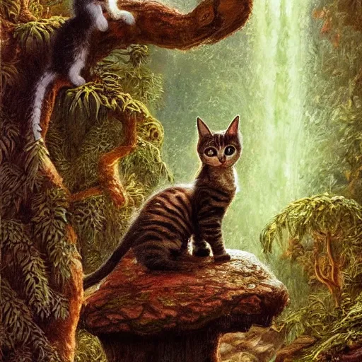 Image similar to painting of one kitten in the enchanted forest standing on the steps and watching the waterfall, fantasy, intricate, extremely detailed, matte, featured in artstation, art by louis wain, greg rutkowski