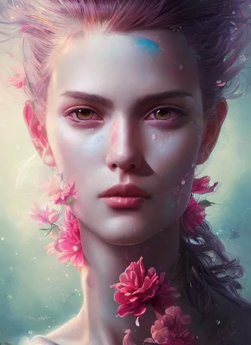 Image similar to beautiful, young woman, extremely detailed gorgeous face, looks realistic, hyper-detailed portrait, sad eyes tears, vaporwave aesthetic, synthwave, magical, fantasy, flowers, artist Artgerm and Greg Rutkowski and WLOP