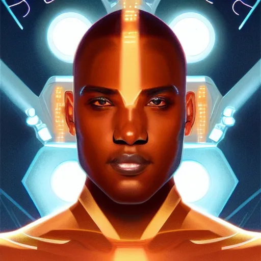 Image similar to symmetry!! solid cube of light, hard edges, product render retro - futuristic poster scifi, lasers coming from eyes, brown skin man, intricate, elegant, highly detailed, digital painting, artstation, concept art, smooth, sharp focus, illustration, dreamlike, art by artgerm