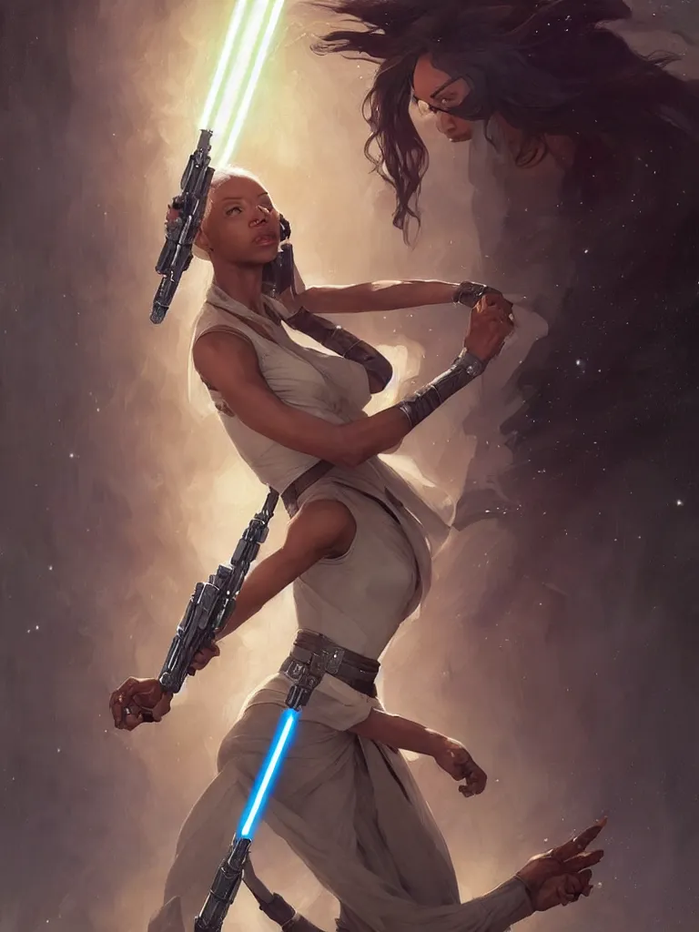 Image similar to star wars jedi master normani as aeon flux profile picture by Greg Rutkowski, dynamic pose, intricate, futuristic, fantasy, elegant, by Stanley Artgerm Lau, greg rutkowski, thomas kindkade, alphonse mucha, loish, norman Rockwell,