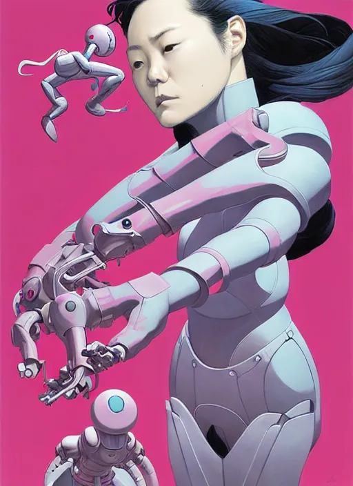 Prompt: Artwork by James Jean and Phil noto; a fierce young Japanese lady fighting a gigantic pink robot. art work by Phil noto and James Jean