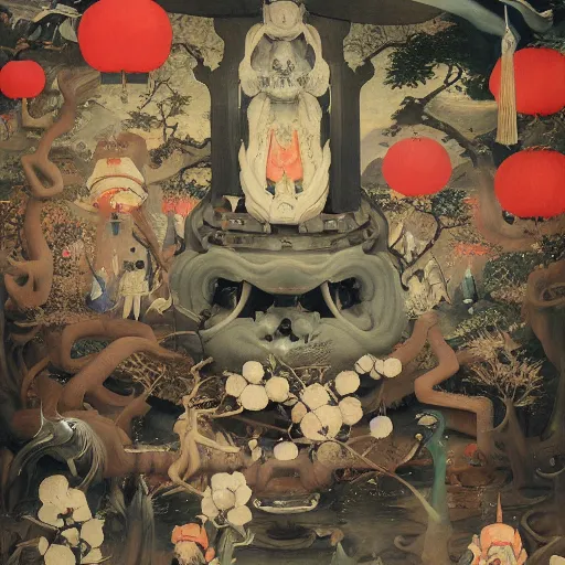 Image similar to Japanese Temple by Hieronymus Bosch and James Jean, Ross Tran, very coherent, hypermaximalist, 8k, surreal oil painting, highly detailed, dream like, masterpiece