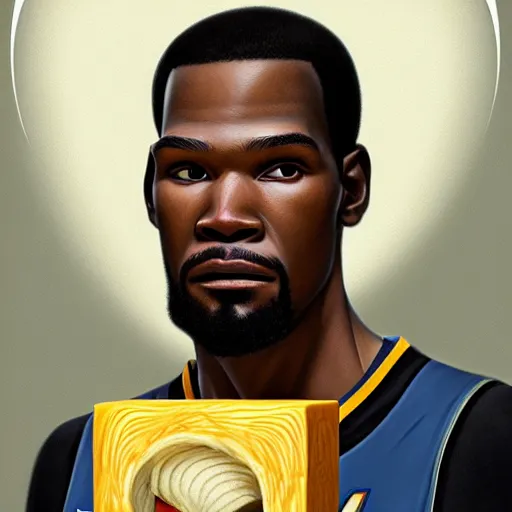Image similar to portrait of kevin durant with legs made from cheese, ethereal, handsome, d & d, fantasy, intricate, elegant, highly detailed, digital painting, artstation, concept art, matte, sharp focus, illustration, art by artgerm and greg rutkowski and alphonse mucha