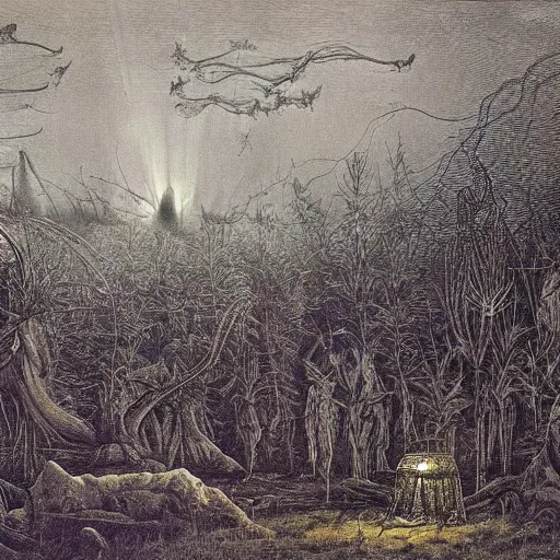 Prompt: hr giger tent in a landscape covered in moths, light beams night, casper david friedrich